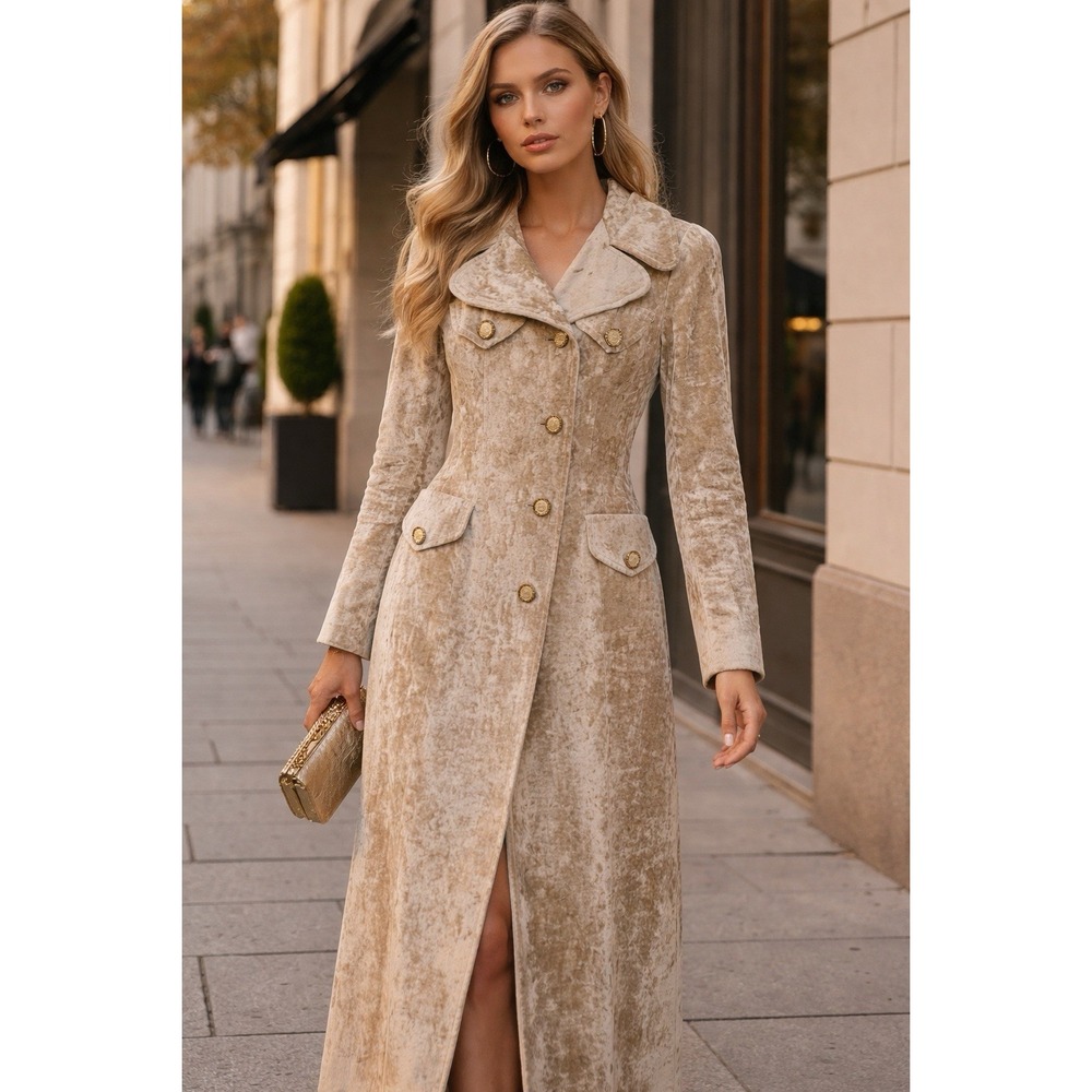 VTG‎ Floor Length Long Maxi Crushed Velvet Jacket Coat Champagne HEAVY XS/S READ